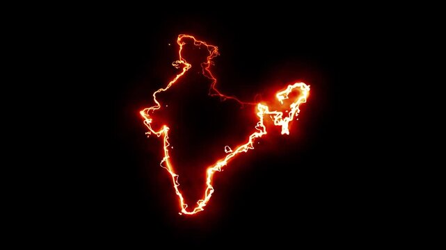 Indian map with fire energy sparks on plain black background