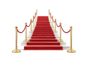 Red carpet and stairs with golden ropes, isolated on transparent background png 