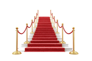 Red carpet and stairs with golden ropes, isolated on transparent background png 