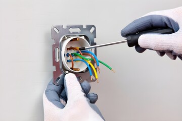 Close-up hand electrician fixing electrical outlet in white wall, using screwdriver, safety gloves.