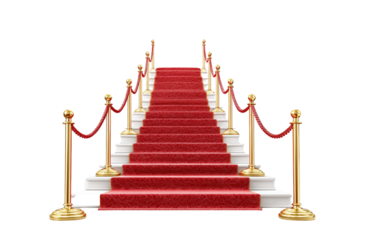 Red carpet and stairs with golden ropes, isolated on transparent background png 