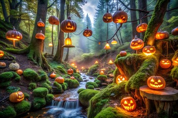 Magical forest stream adorned with glowing jackolanterns and festive lights, creating a spooky halloween atmosphere