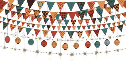 Festive bunting and lanterns decorating celebration party garland background