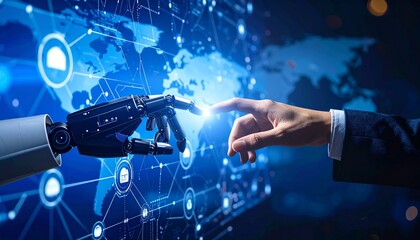 Cybernetic hand and human hand interacting on a digital interface, symbolizing future of business-tech integration