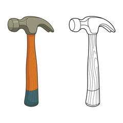 Illustration featuring two hammers; one colored, one in black and white outline.