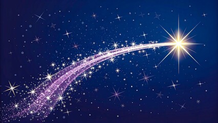 Bright shooting star with glitter trail over deep blue starry background
