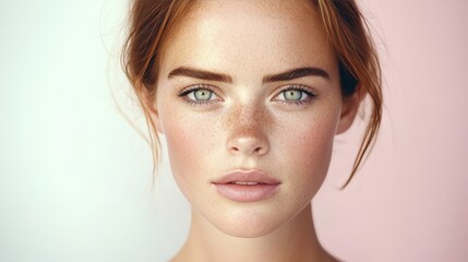 Naklejka premium Radiant Beauty Close-up Portrait of a Woman with Natural Makeup, Freckles, and Calm Expression
