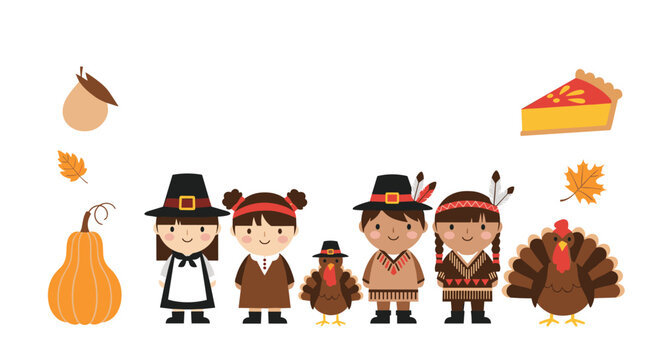 Happy thanksgiving day celebration with pilgrims native americans and turkey