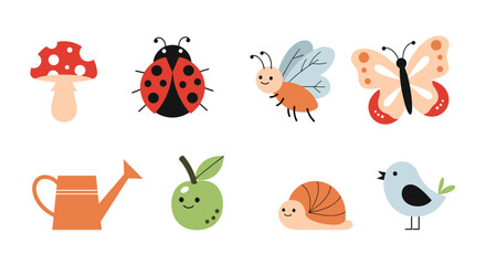 Obraz premium Cute garden creatures and tools illustration set