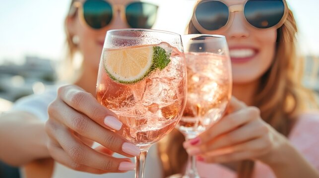 Friends clinking glasses with Hugo Spritz cocktails outdoors in summer  