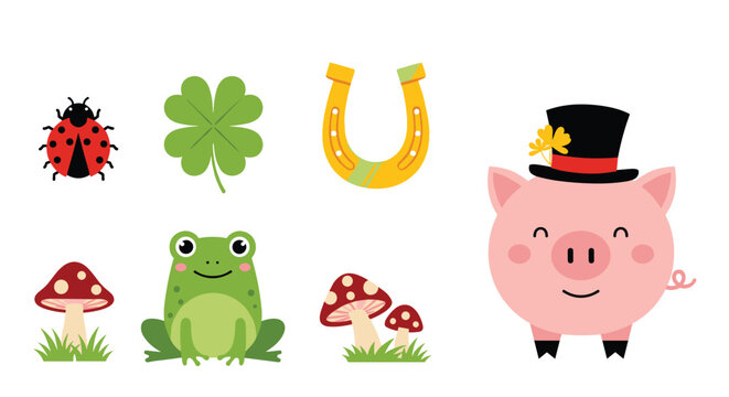 Collection of lucky symbols and cute characters