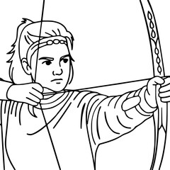 Line art of girl archer aiming with a bow, focused expression, coloring book style, copy space