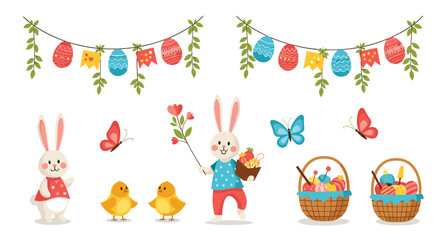Obraz premium Easter holiday festive collection with cute bunnies and chicks