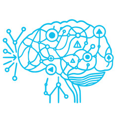 Stylized brain with interconnected lines and symbols, representing creativity and technology, minimalistic design, copy space