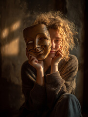 Girl hiding her emotions behind a mask, intimate portrait, soft lighting, artistic expression, copy space