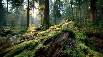 Fototapeta premium Forest Floor with Moss Covered Log Illuminated by Sunlight Streaming Through Trees