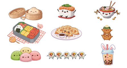 Collection of cute Eastern food illustrations featuring dumplings, sushi, and bubble tea, colorful design, copy space