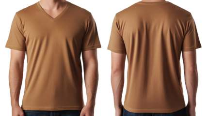 Front and back view of a man wearing a plain brown V-neck t-shirt with short sleeves and blue jeans