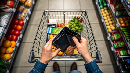 Person holding empty wallet while grocery shopping symbolizing inflation and cost of living 