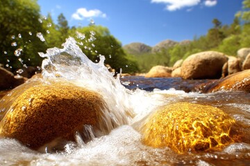 Clear stream splashing over rocks, sunlight