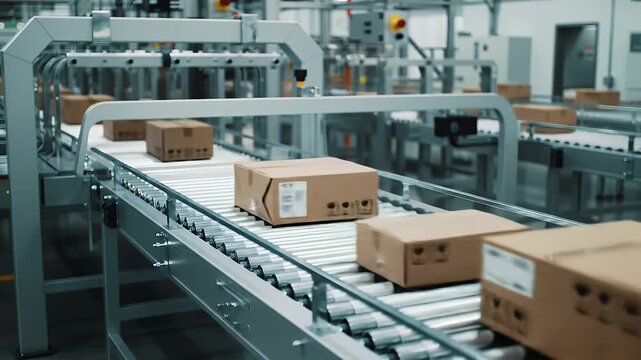 Cardboard Boxes Moving On Silver Conveyor Belts in an Automated Cross Docking Facility Featuring Logistics and Shipping Under Even Lighting