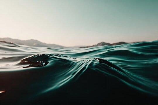 Dark teal ocean surface, subtle waves, distant mountains - Powered by Adobe
