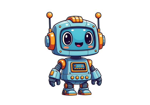 Cute, cartoon robot character with expressive eyes.