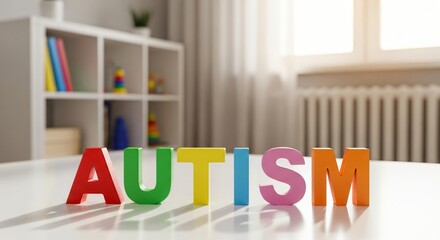 Colorful wooden letters spell AUTISM in a bright, sunlit room, symbolizing awareness and childhood.