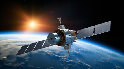 Obraz premium satellite orbits over planet Earth. beauty of space, technology, and exploration of cosmos. Vibrant sunrise hues illuminate horizon, humanity's advancements in communication and scientific discovery.