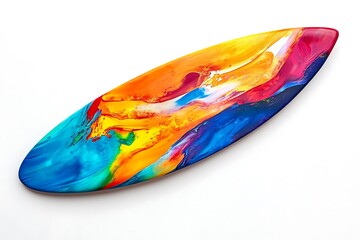 A sleek paddleboard featuring bright and colorful graphics.