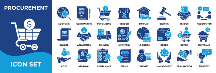 Procurement icon collection set. Containing sourcing,contracting,purchasing,vendor,supplier,bidding,tender,negotiation,invoice,order icon. dual tone vector.