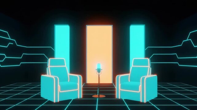 A futuristic interview set featuring two glowing chairs and a microphone framed by an illuminated doorway set against a digital grid backdrop ideal for podcasts or virtual discussions