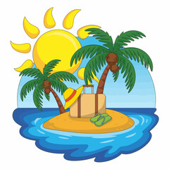 Tropical Island Vacation Illustration with Sun and Palms