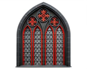 black church window with red decoration ornaments isolated on white background PNG.AI Generated.