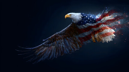 Generative AI illustration. Bald eagle With American Flag Flying. Happy 4th Of July Independence Day card