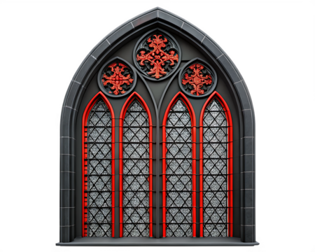 black church window with red decoration ornaments isolated on white background PNG.AI Generated. - Powered by Adobe