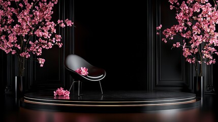   A black floor holds a chair with a vase of pink flowers nearby
