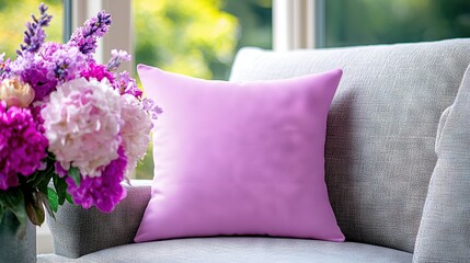   Vase with flowers sits beside a couch pillow on chair arm facing a window
