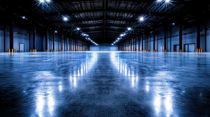   An empty warehouse with bright lights shining down the middle of the floor and a long hallway leading to the center of the room