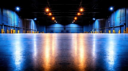   An empty warehouse with bright lights illuminating the blue and yellow-tinted floor