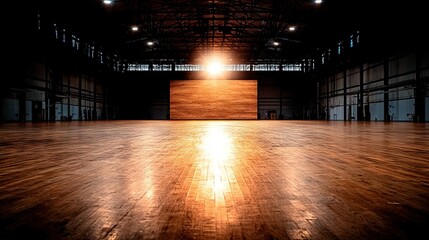   A spacious room featuring a wooden floor and a radiant light illuminating from the corner