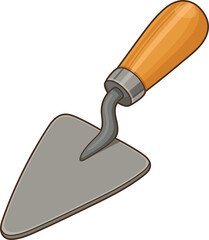 A metal trowel with a wooden handle against a stark black backdrop.