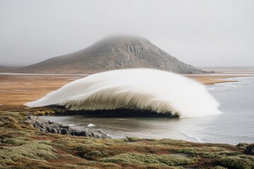 Dramatic wave crashing on tundra shore, misty mountains in background