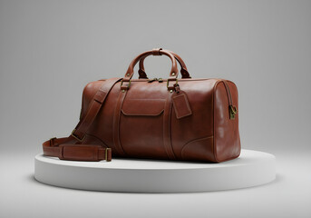 A beautifully designed travel bag made of brown leather, arranged on a white stage, studio lighting, high resolution, highlighting the bag's stitching and hardware.