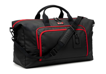 A beautifully designed travel bag made of waterproof black nylon with red accents, isolated on a white background, studio product photography, bright lighting.