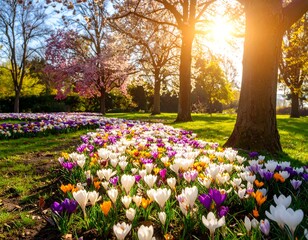 Spring park with blooming flowers
