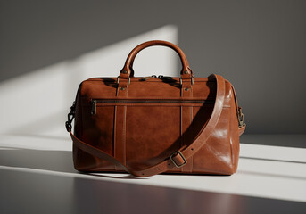 A beautifully designed travel bag made of brown leather, placed on a clean white surface, minimalist studio setting, high resolution, illuminated by a single spotlight.