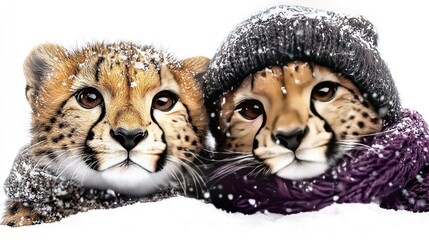   Cheetahs perched on snowy ground with white background