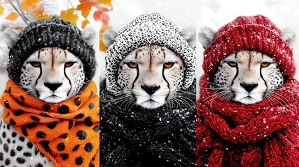   Two cheetahs and three leopards, all wearing scarves