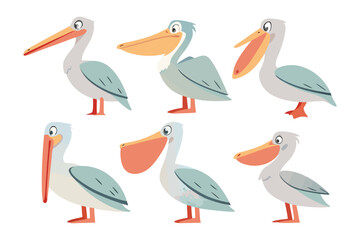 Obraz premium Pelican Illustration: Charming illustration showcasing a pelican in various poses, perfect for educational materials or playful design projects.